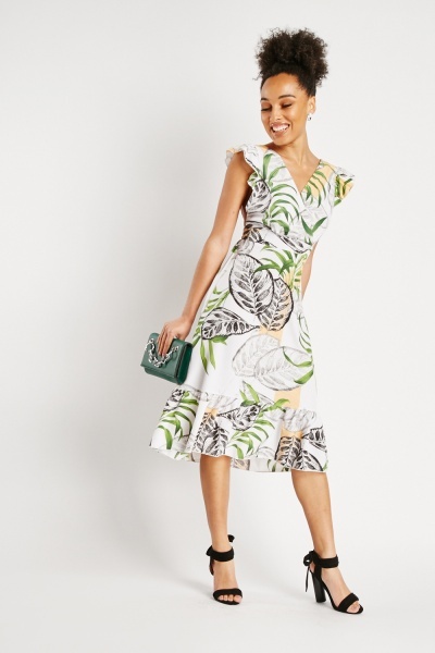 Leaf Print Ruffle Midi Dress