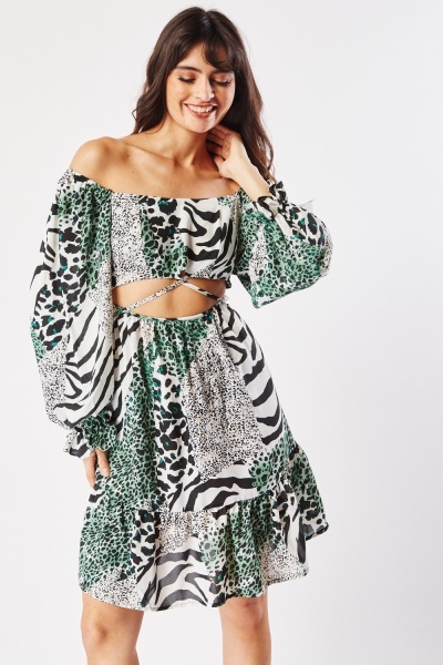 Cut Out Front Mixed Print Dress