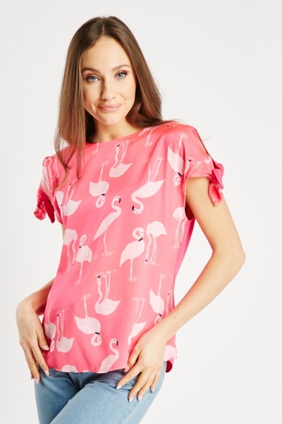 Flamingo Print Tie Up Sleeve Top