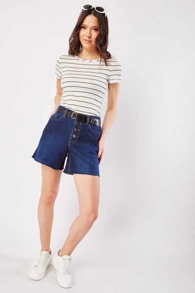 Image of Buttoned Raw Edge Denim Shorts