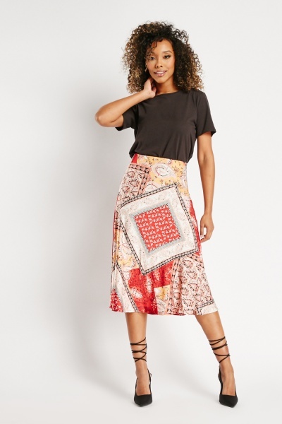 Mixed Print Midi Skirt
