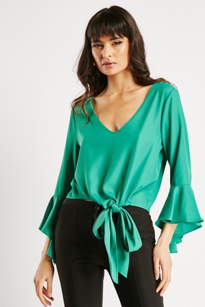 Bell Sleeve Tie Up Front Blouse