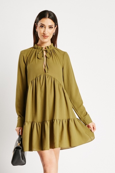 Image of Tie Up Neck Smock Olive Dress