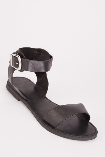 Black Ankle Strap Flat Sandals