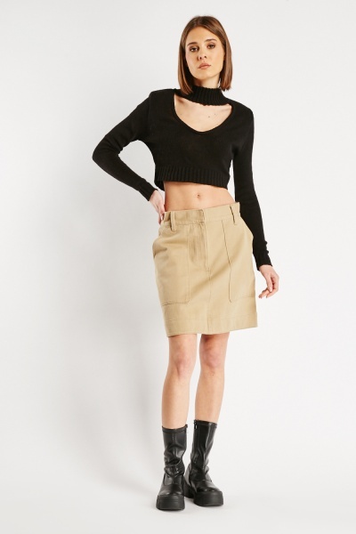 Image of Front Pockets Cotton Mini Skirt