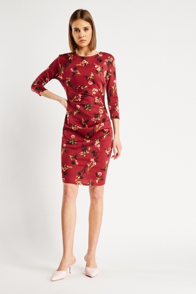 Ruched Side Floral Midi Dress