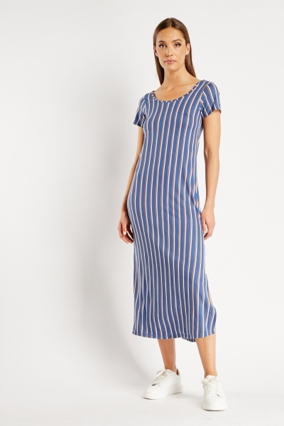 Vertical Striped Short Sleeve Maxi Dress