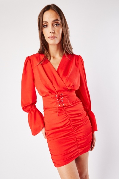 Bell Sleeve Ruched Bodycon Dress