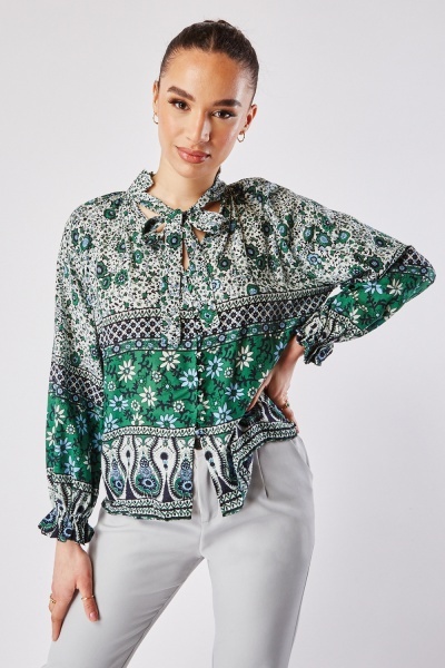 ethnic print pussybow blouse