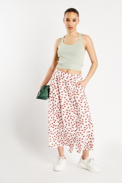 Printed Side Pockets Midi Skirt
