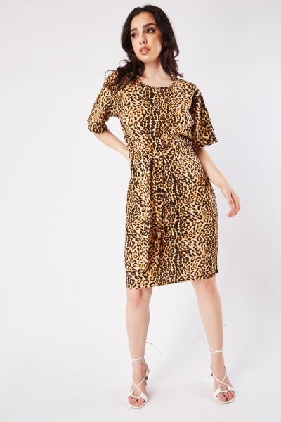 Leopard Print Tie Up Midi Dress
