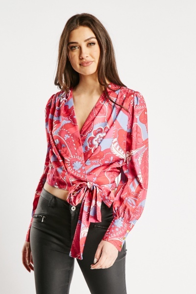 Image of Silky Wrap Tie Up Blouse
