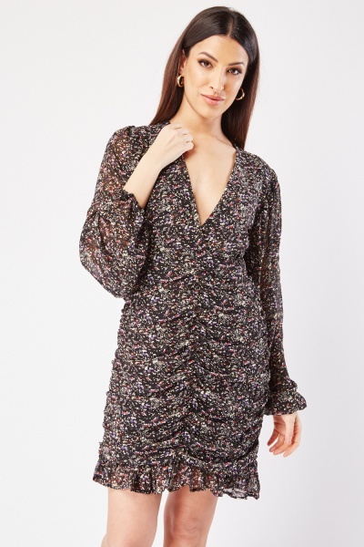 Low Plunge Ruched Printed Mini Dress