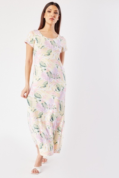 Leaf Pattern Side Slit Maxi Dress