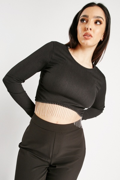 Image of Diamante Tassel Trim Crop Top