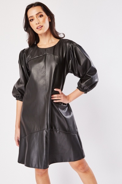 Gathered Sleeve Faux Leather Dress