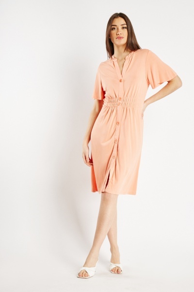 Image of Short Sleeve Buttoned Midi Dress