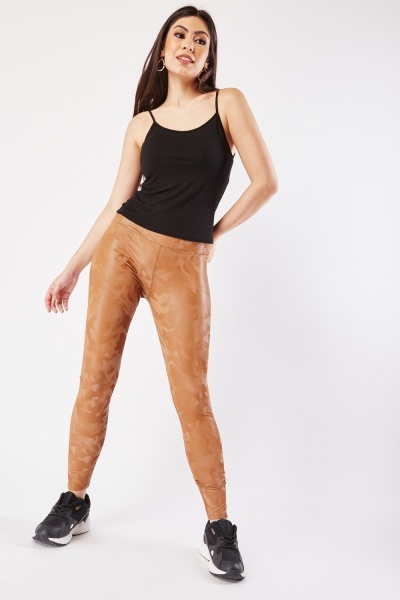 Camouflage Print Faux Leather Leggings