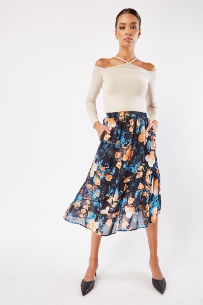 Floral Print Midi Chiffon Skirt