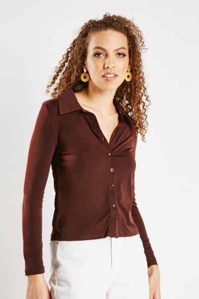 Image of Button Front Plain Stretchy Shirt