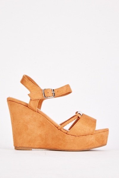 Image of Detailed Front Suedette Wedge Sandals