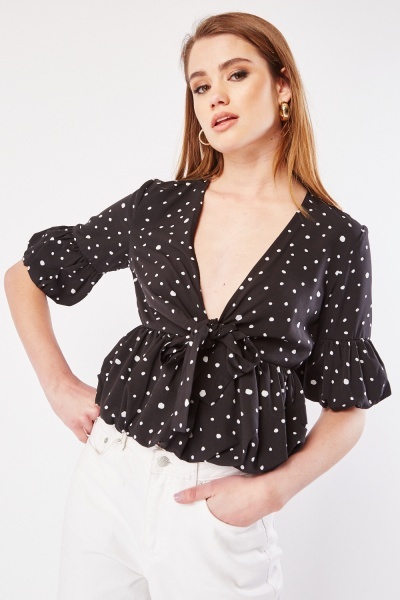Image of Polka Dot Tie Up Blouse