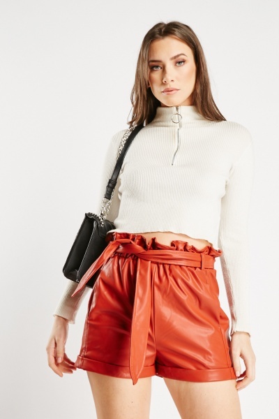 Rolled Hem Faux Leather Shorts
