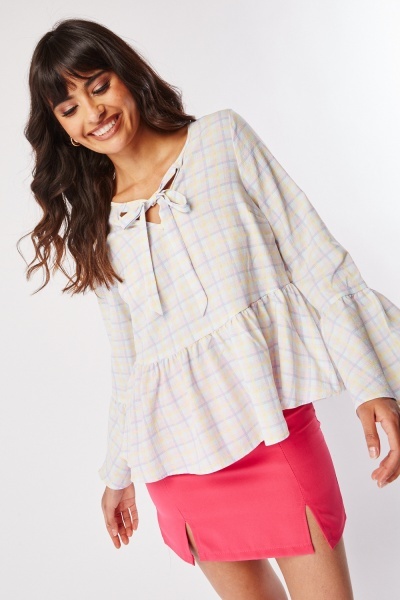 Image of Frilly Grid Check Blouse