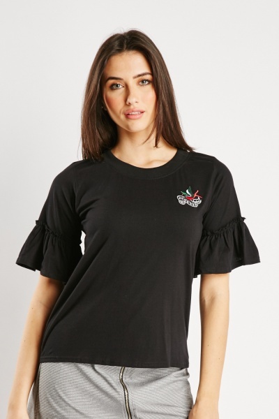Image of Applique Patch Frilly Sleeve T-Shirt