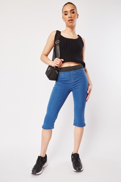 Contrasted Elasticated Capri Jeans