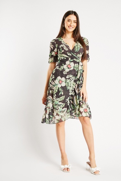 Tropical Print Sheer Wrap Dress