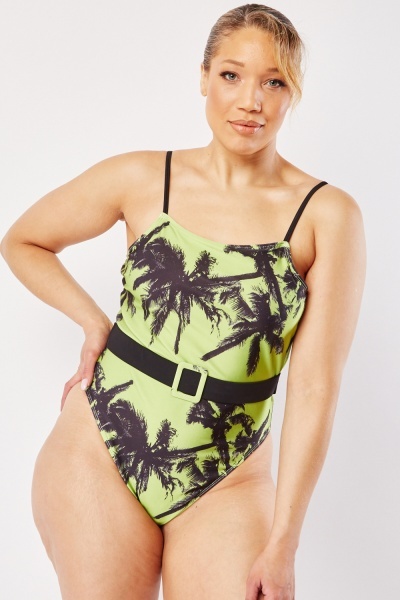 Image of Palm Tree Print Belted Swimsuit