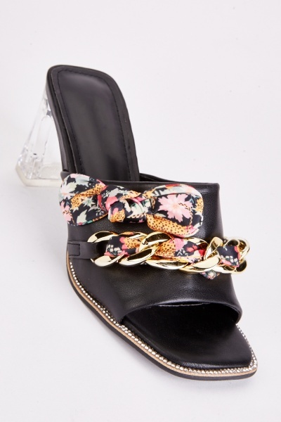 Floral Curb Chain Heeled Mules