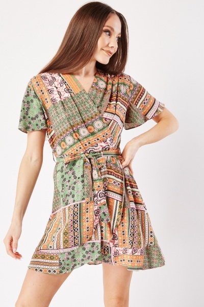 Mixed Print Wrap Mini Dress