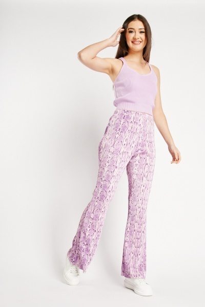 Printed Ribbed Flare Leg Trousers