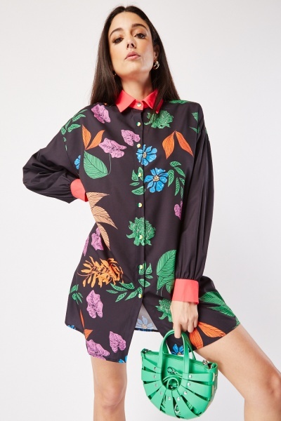 Image of Leaf Printed Shirt Dress