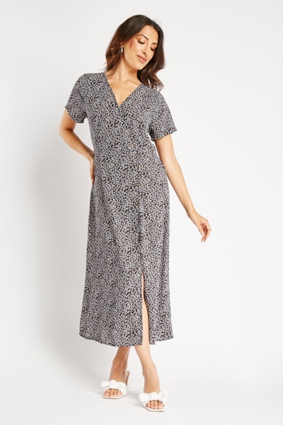 Short Sleeve Printed Wrap Midi Dress