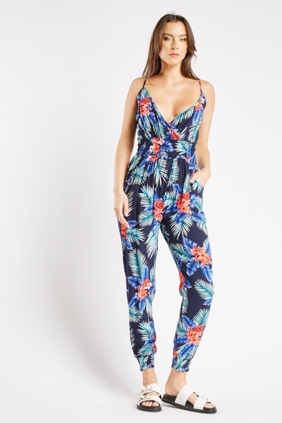 Pockets For Women - Tropical Floral Placement Print Halter Jumpsuit