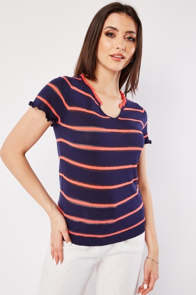 V-Neck Striped Knit T-Shirt
