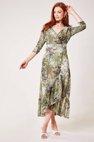 Forest Print Frilled Panel Maxi Dress