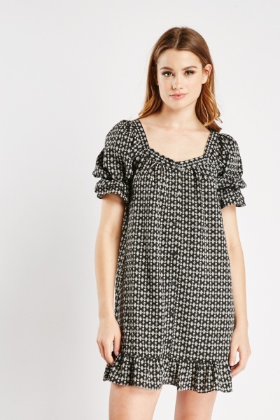 Printed Short Sleeve Buttoned Dress
