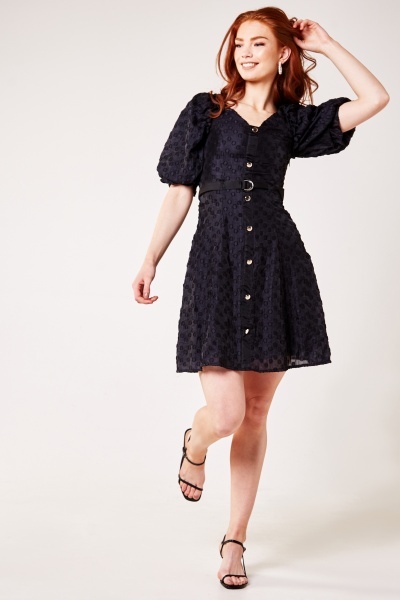 Textured Belted Swing Dress