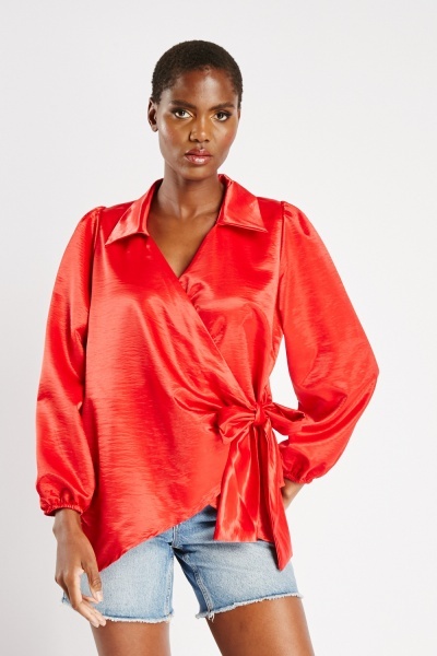 Image of Tie Up Waist Sateen Blouse