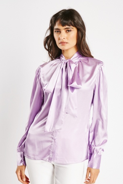 Lilac Silky Tie Up Neck Blouse