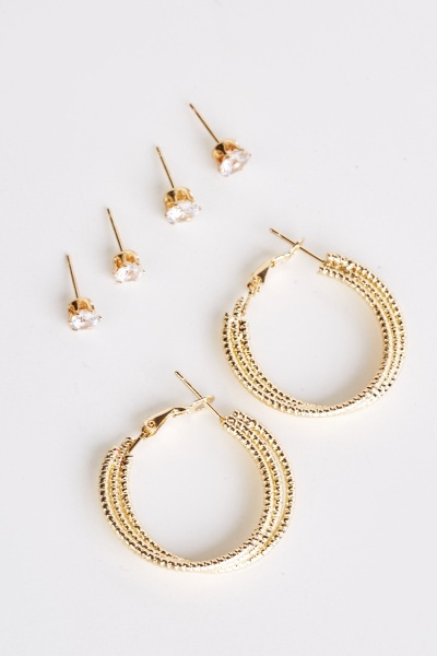 Pack Of 3 Layered Gold Hoops And Studs Earring Set