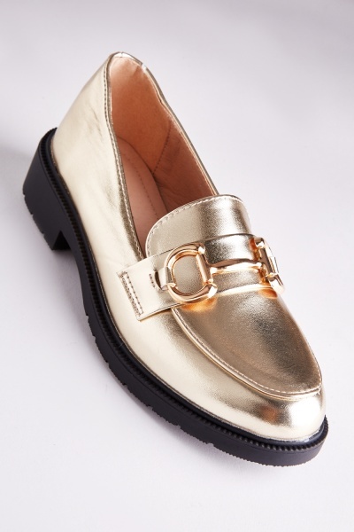 Image of Bar Detail Gold Metallic Loafers
