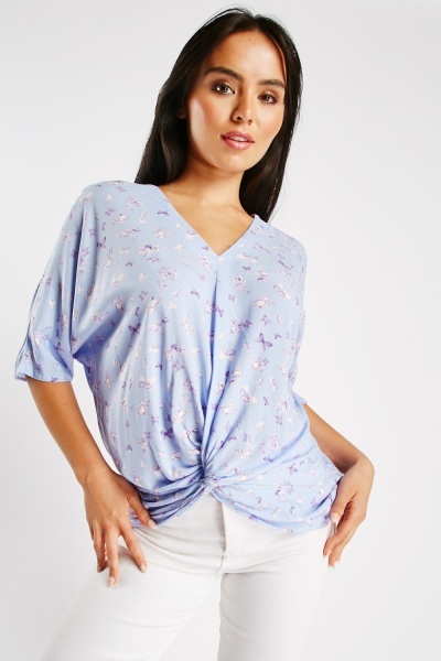 Knotted Front Butterfly Print Top