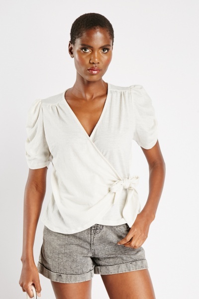 Textured Tie Up Wrap Blouse