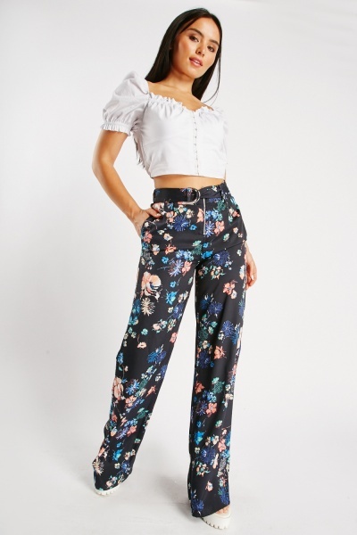 D-Ring Belted Floral Print Trousers