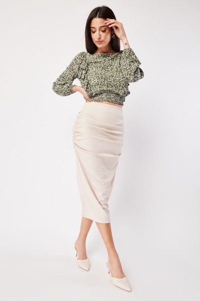 Image of Ruched Side Pencil Midi Skirt